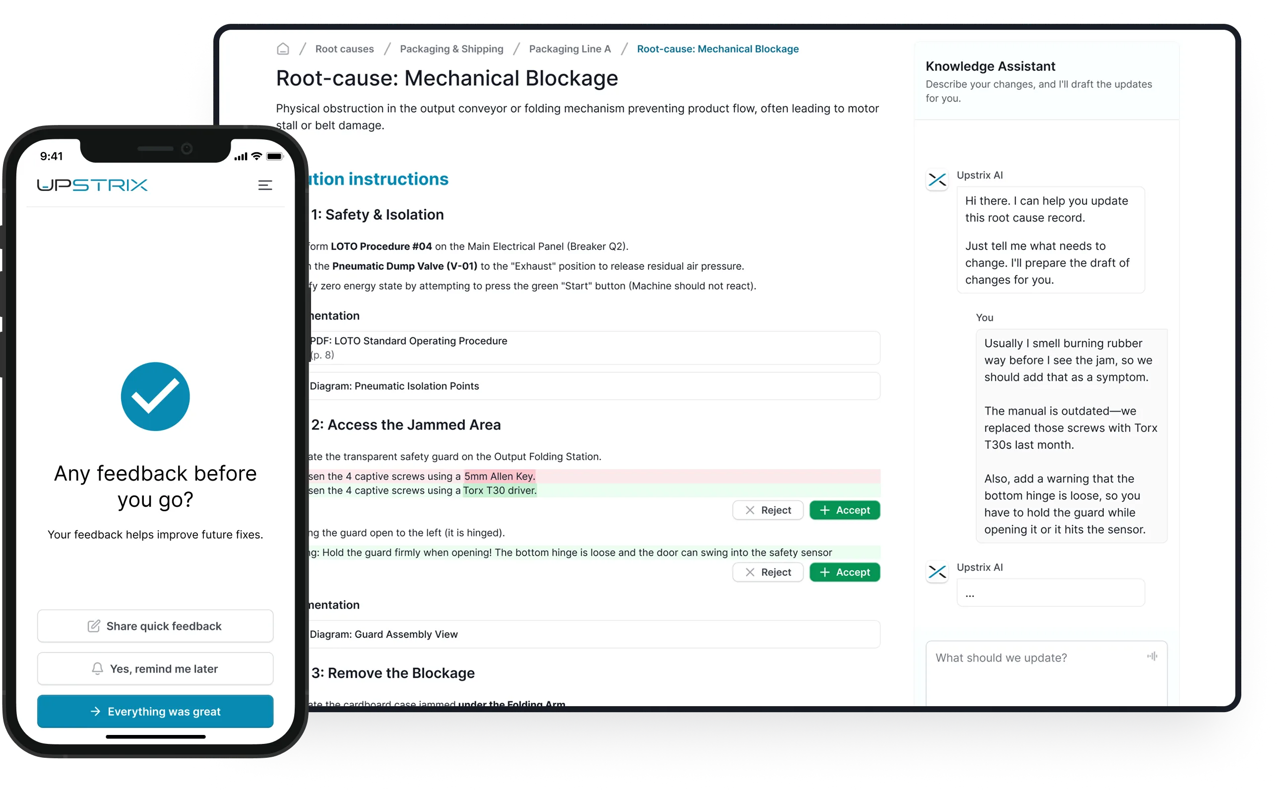 Upstrix knowledge capture and senior review screens for approving technician updates