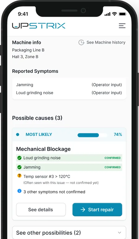 Upstrix mobile incident overview and diagnosis screens